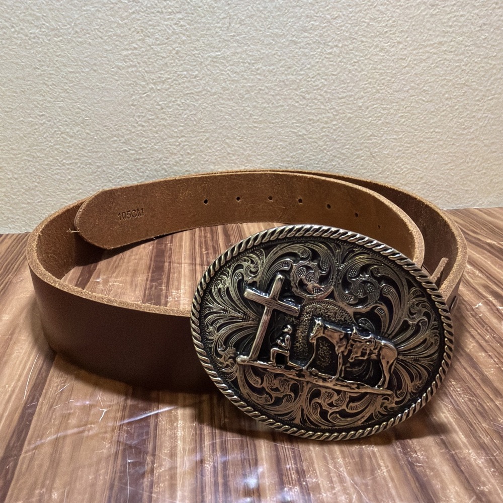 MONTANA SILVERSMITHS PRAYING KNEELING COWBOY BELT & BUCKLE WESTERN LEATHER 44"